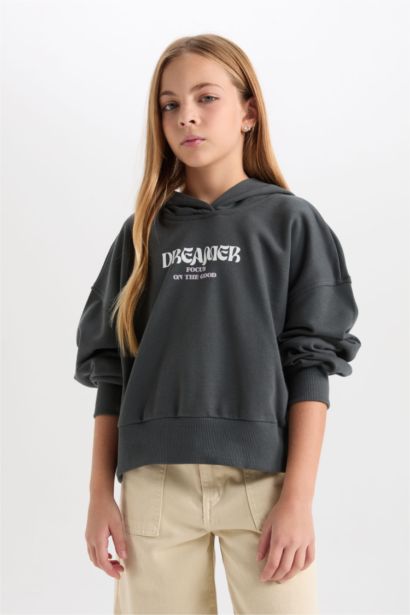 Girl Oversize Fit Hooded Printed Thick Sweatshirt