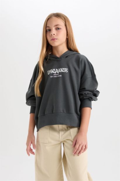 Girl Oversize Fit Hooded Printed Thick Sweatshirt