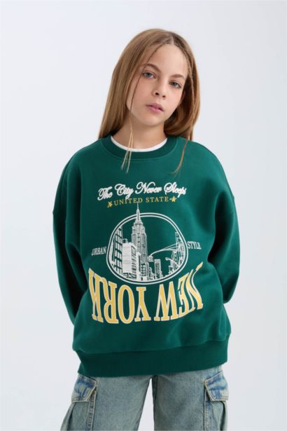 Girl Oversize Fit Crew Neck University Printed Sweatshirt