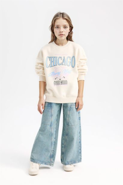 Sweatshirt imprimé à col rond et coupe relax pour fille