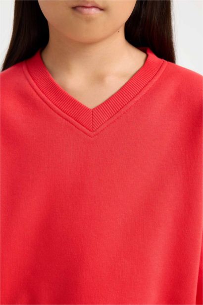 Sweatshirt court basique à col en V pour fille Coupe boxy