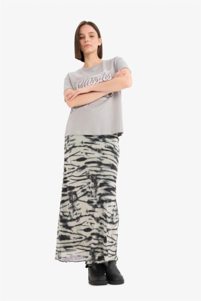 A Cut Patterned High Waist Cotton Lining Tulle Maxi Skirt