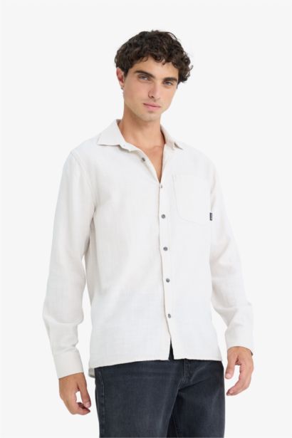 قميص قطن رمادي قصة عادية بكم طويل