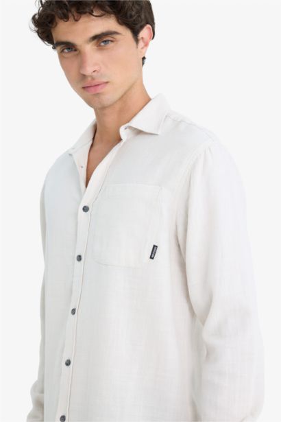 قميص قطن رمادي قصة عادية بكم طويل