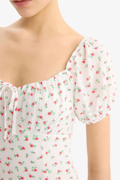 Heart Collar Floral Crinkle Fabric Mini Dress