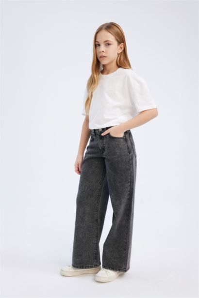 Wide Leg Geniş Bol Paça Pamuklu Jean Pantolon Kız Çocuk