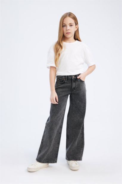 Wide Leg Geniş Bol Paça Pamuklu Jean Pantolon Kız Çocuk