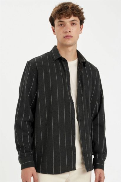 قميص بولو مخطط قطن قصة مريحة وكم طويل