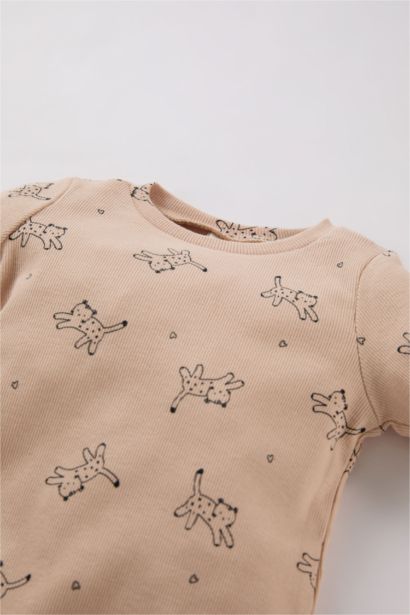 Baby Girl Patterned Ribbed Top Bottom 2 Piece Pajama Set