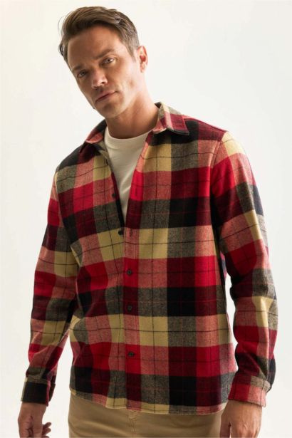 Regular Fit Polo Yaka Kareli Oduncu Flanel Uzun Kollu Gömlek