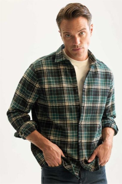 Regular Fit Polo Yaka Kareli Oduncu Flanel Uzun Kollu Gömlek