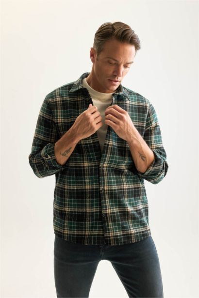 Regular Fit Polo Yaka Kareli Oduncu Flanel Uzun Kollu Gömlek