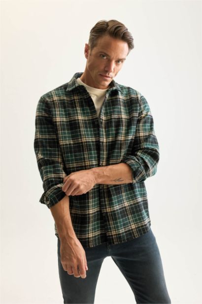 Regular Fit Polo Yaka Kareli Oduncu Flanel Uzun Kollu Gömlek