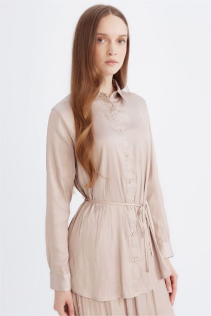 Relax Fit Satin Shirt Collar Long Sleeve Tunic