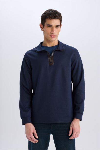 Regular Fit Dik Yaka Yarım Fermuarlı Basic Düz Sweatshirt