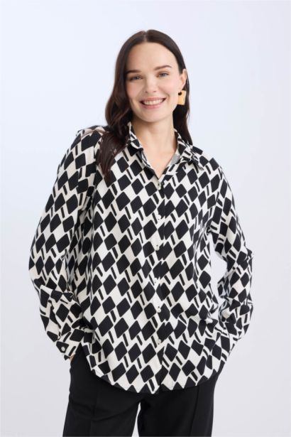 قميص منقوش ردن طويل قصة عادية