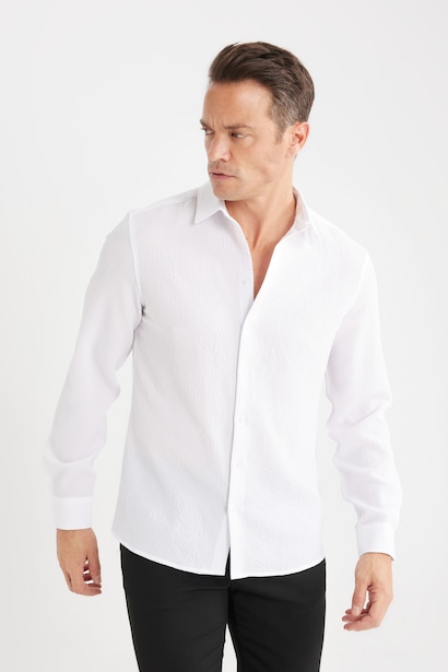 Modern Fit Polo Collar Woven Long Sleeve Shirt
