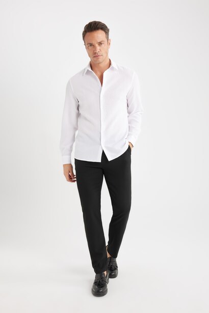Modern Fit Polo Collar Woven Long Sleeve Shirt