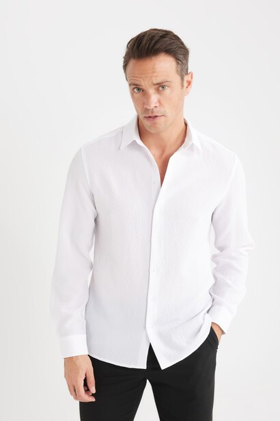 Modern Fit Polo Collar Woven Long Sleeve Shirt