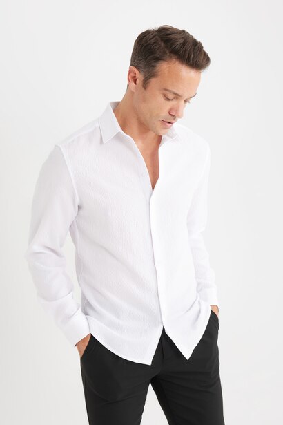 Modern Fit Polo Collar Woven Long Sleeve Shirt