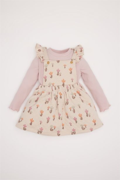 طقم من قطعتين فستان زهري مبطن برقبة مستديرة و بودي سامبل