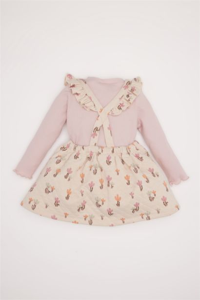 طقم من قطعتين فستان زهري مبطن برقبة مستديرة و بودي سامبل