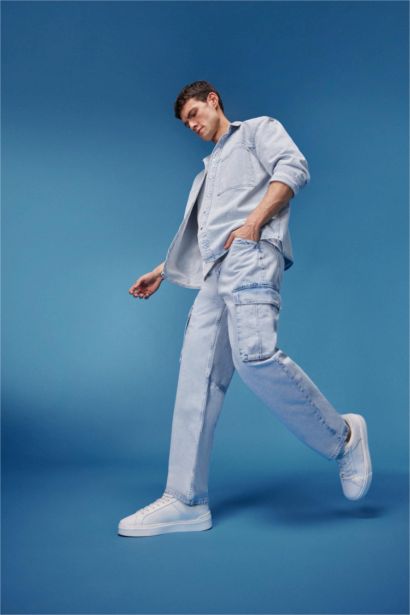 بنطلون جينز كارجو قطن قصة مريحة برجل واسع وجيب