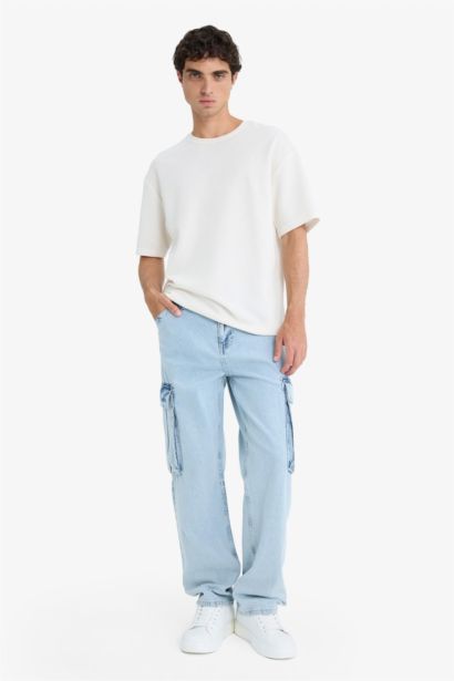 بنطلون جينز كارجو قطن قصة مريحة برجل واسع وجيب
