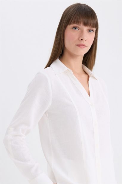 Regular Fit V Neck Linen Blend Long Sleeve Shirt