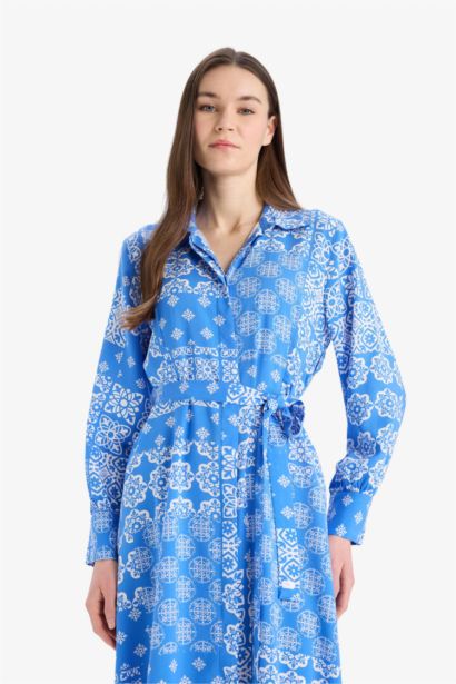 فستان طويل أزرق فيسكوز كم طويل مطبوع وياقة قميص