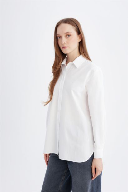 Relax Fit Basic Düz Poplin Uzun Kollu Gömlek Tunik