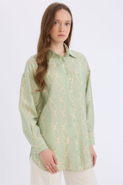 Relax Fit Shirt Collar Printed Long Sleeve Tunic