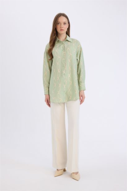 Relax Fit Shirt Collar Printed Long Sleeve Tunic