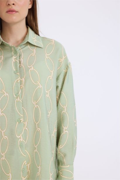 Relax Fit Shirt Collar Printed Long Sleeve Tunic