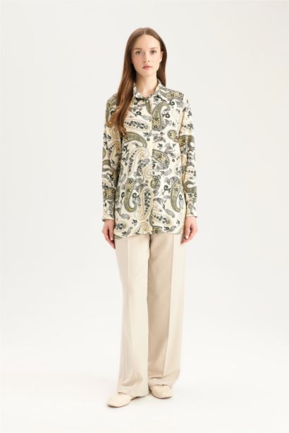 Relax Fit Gömlek Yaka Desenli Viskon Uzun Kollu Tunik 