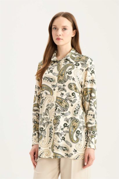 Relax Fit Gömlek Yaka Desenli Viskon Uzun Kollu Tunik 