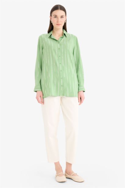 Relax Fit Viscose Shirt Collar Printed Long Sleeve Tunic