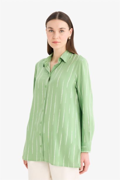 Relax Fit Viscose Shirt Collar Printed Long Sleeve Tunic