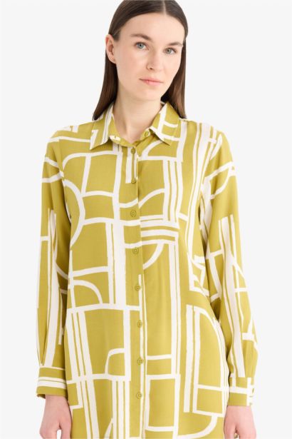 Relax Fit Viscose Shirt Collar Printed Long Sleeve Tunic