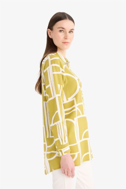 Relax Fit Viscose Shirt Collar Printed Long Sleeve Tunic