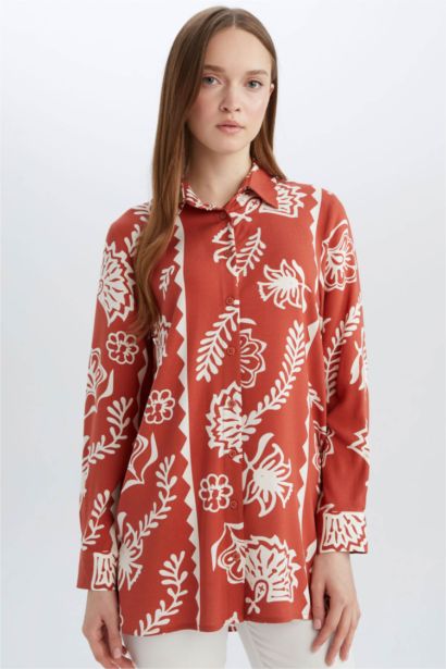 Relax Fit Viscose Shirt Collar Printed Long Sleeve Tunic