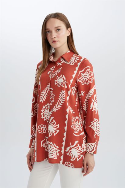 Relax Fit Viscose Shirt Collar Printed Long Sleeve Tunic