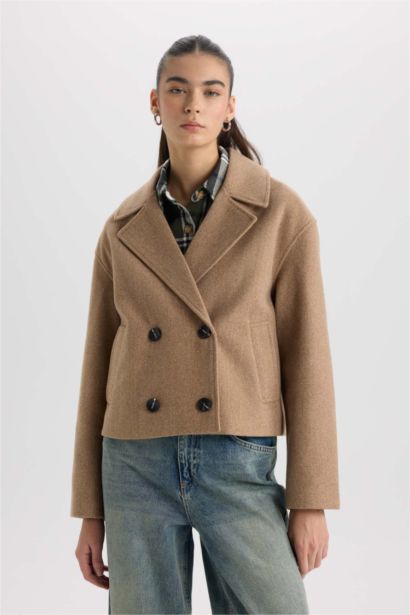 Regular Fit Smokin Yaka Düğmeli Cepli Kısa Kaşe Kaban