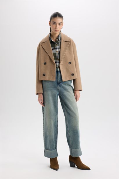 Regular Fit Smokin Yaka Düğmeli Cepli Kısa Kaşe Kaban