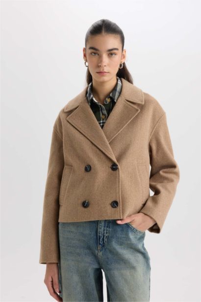 Regular Fit Smokin Yaka Düğmeli Cepli Kısa Kaşe Kaban