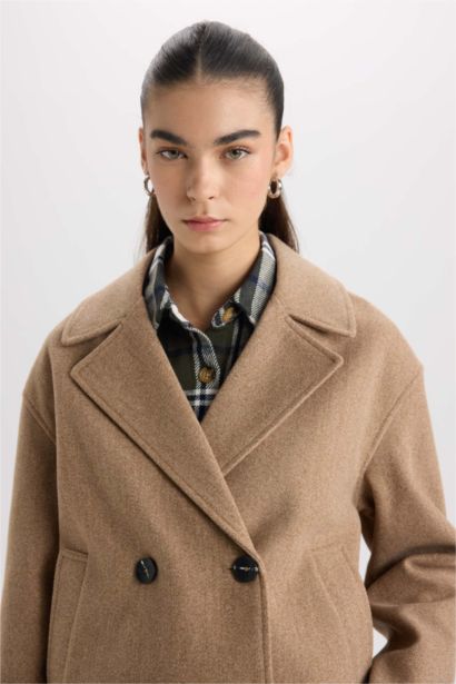 Regular Fit Smokin Yaka Düğmeli Cepli Kısa Kaşe Kaban