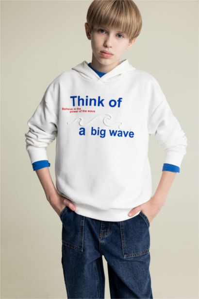 Oversize Geniş Kalıp Kapüşonlu Baskılı Sweatshirt Erkek Çocuk