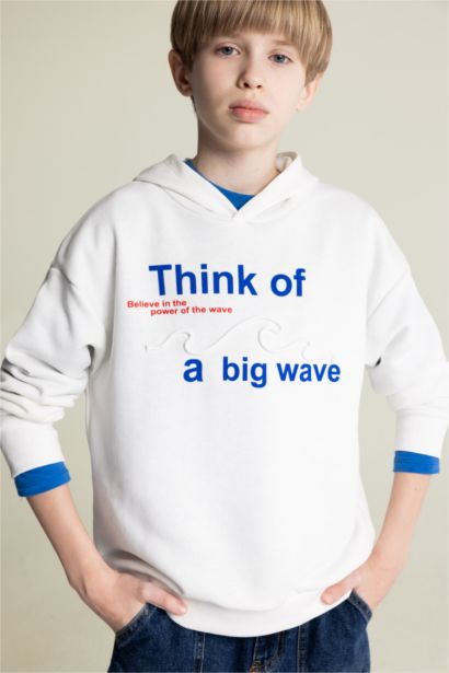 Oversize Geniş Kalıp Kapüşonlu Baskılı Sweatshirt Erkek Çocuk