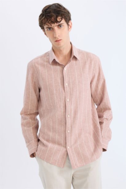 Regular Fit Polo Neck Linen Blend Cotton Shirt