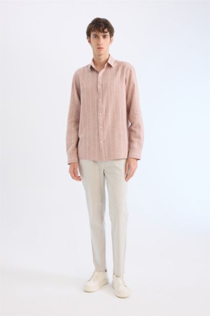 Regular Fit Polo Neck Linen Blend Cotton Shirt